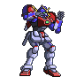 Pixel art of a red, blue, and white mecha robot in four distinct poses against a gray background.