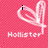 A pink pixelated background with a white heart outline and text variations including 'i', 'love', and lowercase 'hollister' above the word 'Hollister'.