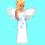 Pixelated angel figure with blonde hair and white wings in two animation frames showing dress pattern changes against a cyan background.