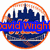 Circular orange-bordered icon with blue cityscape background showing changing text overlays.