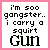 A 2x2 contact sheet of four animated frames showing pixelated text with pink and black color variations on a white background, each frame displaying the phrase "i'm soo gangster.. i carry a squirt Gun" with different letter highlighting.