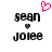 Pixelated text displays 'sean' above a small heart symbol and 'jolee' below, with a pink pixelated heart floating above the top-right of the text block.