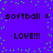 Purple background with green pixel dots and repeated text 'softball = LOVE!!!' in black pixelated font.