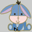 Blue cartoon donkey with pink inner ears and black eyes, wearing a blue outfit, standing against light gray background with "hi." text below.