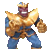 Pixelated figure with purple skin, golden crown, and glowing armor-like chest plate stands in a wide stance against gray background.