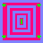 A static square icon with alternating pink and light blue concentric rectangles forming a tunnel effect, four green plus signs at the corners.