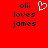 Red background with black text reading 'olii loves james' and a white pixelated heart symbol above the left instance of 'olii'.