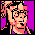 Pixelated static image of a character with light skin, dark hair tied back in a ponytail, wearing glasses and a sleeveless top against a purple background.