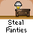 Animated contact sheet of a pixel art character stealing pants from a desk, with repeated text and sequential motion frames showing the action progression.