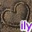 Brown textured background with three heart-shaped indentations and the word 'ily' in different colors.