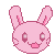 Two pixelated pink bunny heads with large ears, white eyes, and distinct mouth expressions against a gray background.