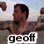 A split-screen image shows two men in separate scenes with overlaid text labels; the left side features a man in a patterned shirt with 'geoff' and 'ramsey' text, the right side shows a man in a dark shirt with 'lazer' text.