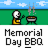 Animated contact sheet of a Memorial Day BBQ icon showing 20 frames arranged in a 5x4 grid with repeated pixel art characters grilling on green grass under blue sky.