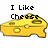 Pixelated yellow cheese wedge with three holes overlaid by black pixelated text reading "I Like Cheese" on white background.