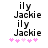 Pixelated text 'ily Jackie' repeated twice with pink heart symbols below, showing animation where the middle two hearts change color from light to dark.