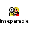 Animated contact sheet of a pixel art buddy icon showing two characters embracing with text changes across frames, displayed on gray background.