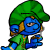 Pixelated buddy icon featuring a blue Smurf character with green attire and hat on left, next to yellow background with "IM BUM .com" text on right.