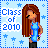 Pixel art of a girl with long brown hair in blue sleeveless top and black pants, standing against light blue background with stars and "Class of 2010" text.