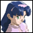 Pixelated anime-style character with blue hair and green eyes, wearing a light purple top, positioned next to black background with white text.