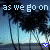 A 5-frame animated contact sheet showing a beach scene with palm trees and blue sky, where text changes across frames to form the phrase "as we go on we remember all the times we had together" while small blue heart icons pulse at the bottom of each frame.