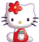 White cat with red flower on head, yellow nose, black whiskers, and red dress with green stripe; eyes alternate between open and closed states.