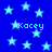 Blue background with light blue stars and repeated cyan text 'Kacey' in pixelated font.