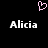 Pixelated pink heart symbol above two identical white text labels reading 'Alicia' on a black background.