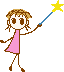 Pixelated stick figure girl in pink dress holding blue wand with star, four variations of star color and pose.