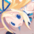 Pixelated anime-style character face with blonde hair, blue eyes, and a white headband featuring a blue gem-like detail against an orange-yellow background.