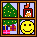 Pixel art of four holiday-themed scenes: Christmas tree, fireplace with stocking, wrapped gifts under tree, and yellow smiley face
