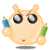 Pixelated cartoon character with large eyes and rounded ears holds blue and green pencils, mouth changes from closed to open expression.