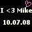 Pixelated text displays 'I <3 Mike' repeated twice with a pink heart symbol above, dated 10.07.08 on black background.