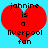 Red heart-shaped icon with black pixelated text reading 'johnnine is a liverpool fan' on light blue background.