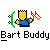 A static contact sheet showing two identical pixel art frames of a yellow cartoon character with spiky hair holding a red and white striped object, accompanied by text promoting 'badassbuddy.com' in black and red fonts on a gray background.