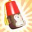 A cartoon monkey wearing a red fez hat with white stripes, positioned against a yellow and orange radial burst background.