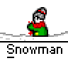 Animated contact sheet showing a snowman character in green outfit with red scarf building a snowball across 13 frames, each labeled "Snowman" below the animation sequence.