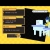 Pixelated static image with yellow background, dark rectangular panels, and white abstract shape on black field.