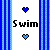 A 50x50 pixel animated buddy icon featuring the word "Swim" with two blue hearts, alternating between dark and light heart colors across frames.