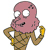 Pixelated character with pink skin, large white eyes, and a brown waffle cone body holding a yellow scoop.