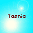 A four- of pixelated text 'Tasnia' on a light blue background with varying white light effects