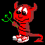 Red devil character with horns, tail, and pitchfork in multiple poses against black background.