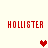 Pixelated red 'HOLLISTER' text appears in four corners of a light background with two pixel hearts, one dark red and one pink.
