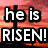 Pixelated image with text 'he is HAPPY RISEN!EASTER' over a sunset background featuring two black crosses.