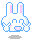 Pixel art contact sheet of eight animated bunny frames with blue outlines, pink inner ears, and various expressions including crying, smiling, and waving.