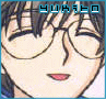 Anime-style character face with round glasses, dark hair, and red lips; text "YUKITO" above head in blue pixelated font.
