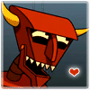 Red pixelated devil-like character with yellow horns, black eyes, and sharp teeth, holding a hand to its face, with a small red heart symbol in the lower right corner.