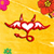 Red and white stylized symbol with heart center on yellow background, surrounded by pink and red flowers.