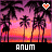 Pixelated sunset scene with palm trees, two heart symbols above the horizon, and 'ANUM' text at the bottom.