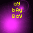 Yellow pixelated text 'oy bay Boy' on a purple gradient background with a glowing light effect, displayed in a of four identical