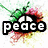 Pixelated icon with 'peace' text over colorful floral background and green insect, red heart with 'love' text on black, puppy's face with four white bars below.